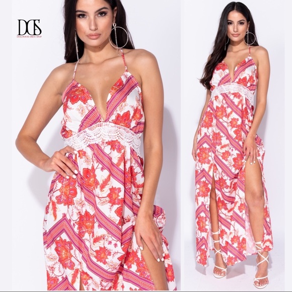 Sassy - Red Floral Maxi Dress w/ Lace Trim - Picture 2 of 8